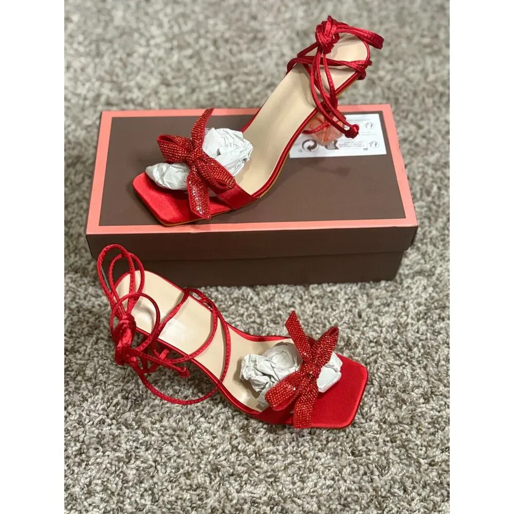 Red Satin Rhinestone Bow Lace-Up Clear Block Heel Sandals
